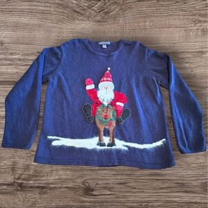 Northern Isles Santa Reindeer Christmas Sweater XL Blue Novelty Holiday